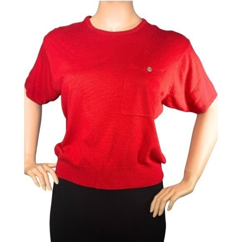Elisabeth Liz Claiborne Red Silk Blend Short Sleeve Pocket Sweater Top Size 1